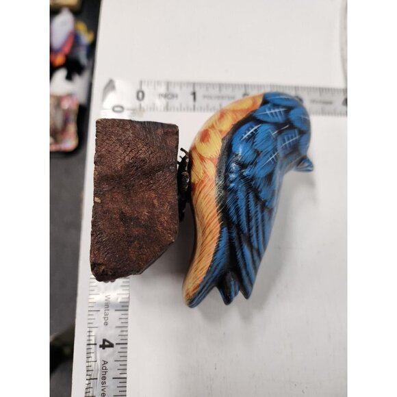 Vintage 1988 Enesco Hand Painted Ceramic Blue Owl Figurine Mounted On Wood Decor - Picture 9 of 9